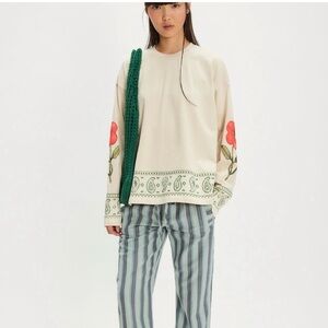 Free People Cream Long Sleeve Tee with Red Floral Design